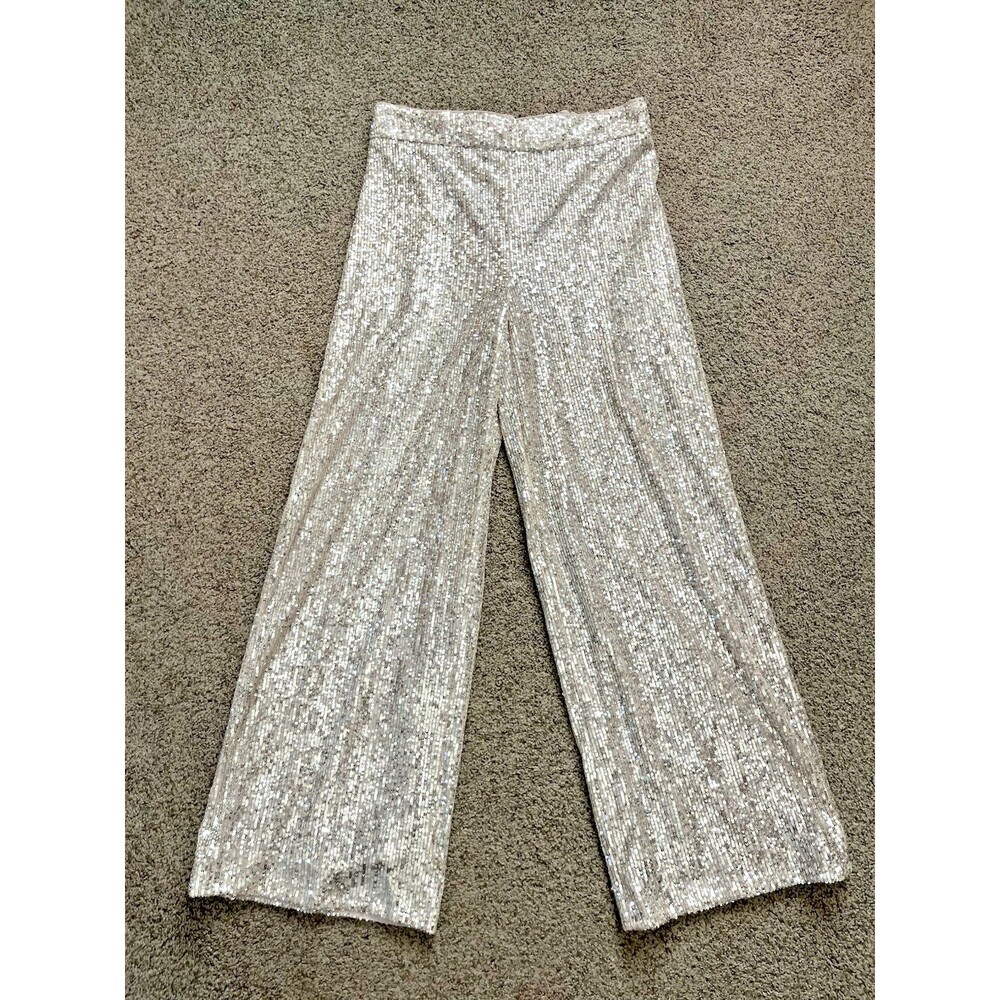 NWT Banana Republic Silver Sequin - Wide Leg Elastic Waist Lined Pants size XL